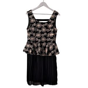 NWT A'reve Peplum Dress Floral Lace Overlay Pleated Skirt Black Beige Size Large